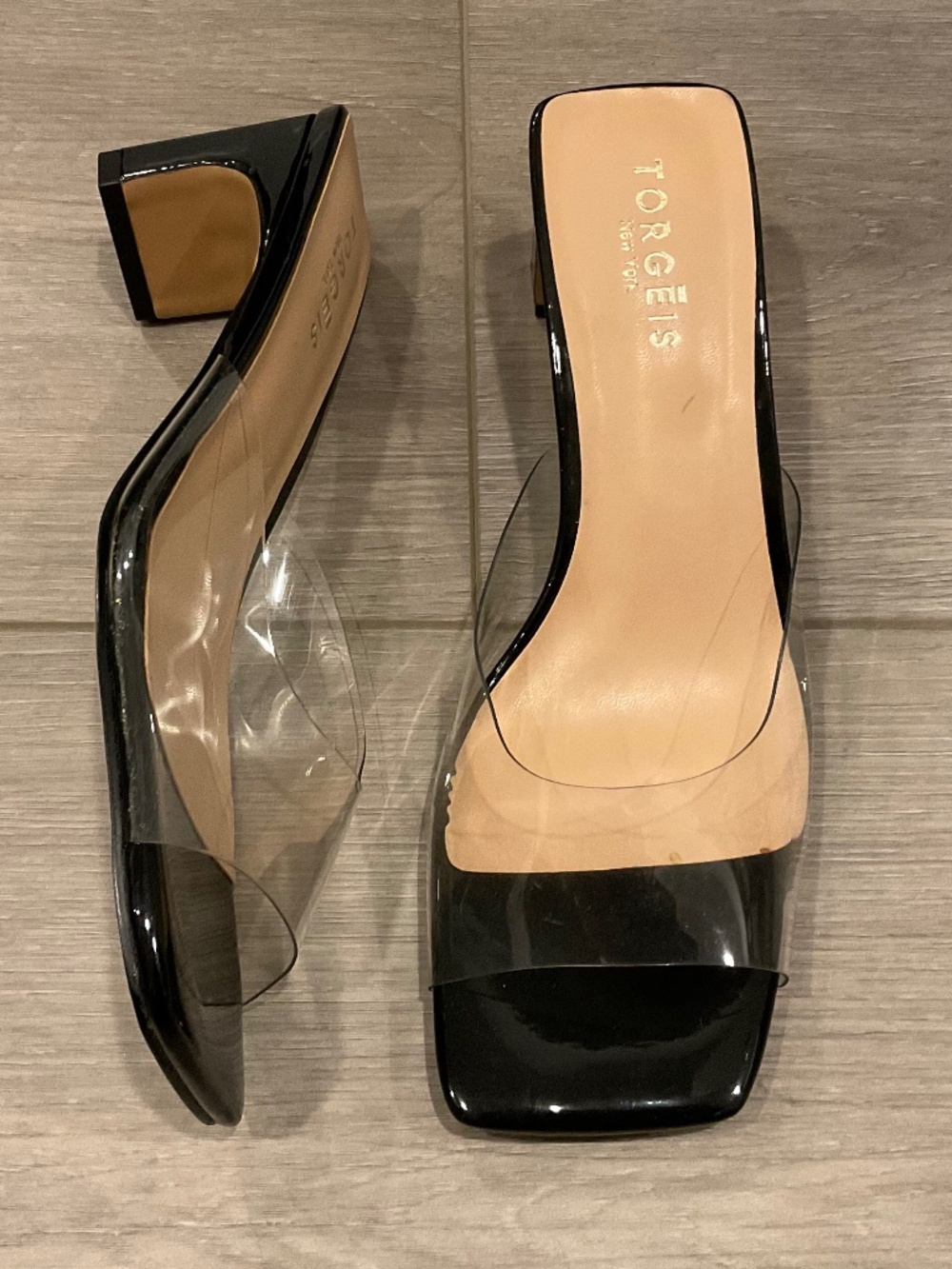 TORGEIS Amzryllis Sandal Black Clear Square Toe Size 8 NWOT